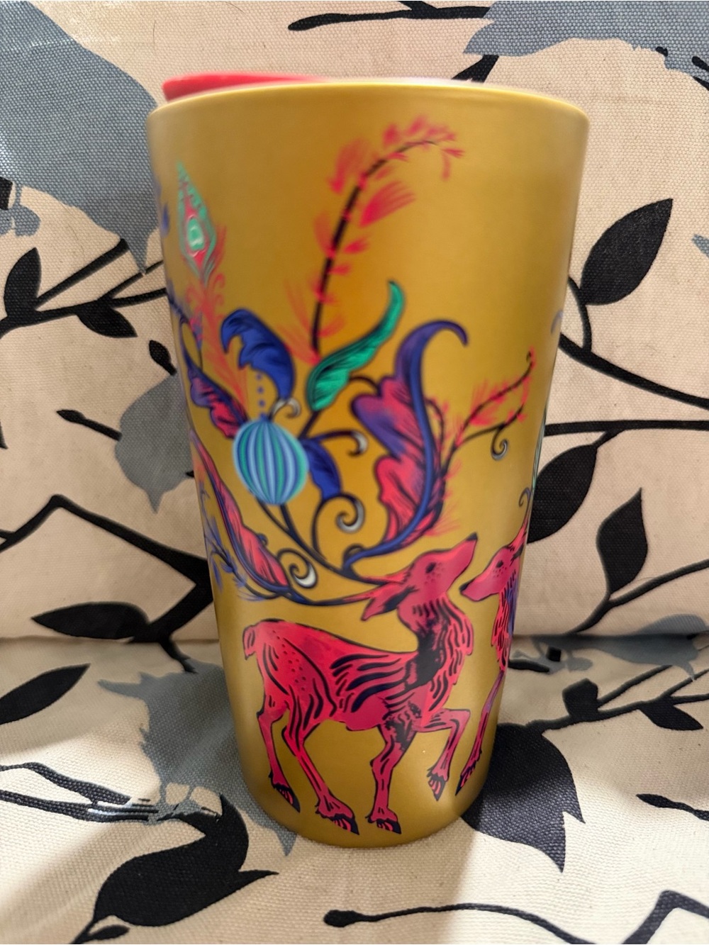 Starbucks Yellow Mug with Pink Deer and Multicolor Floral Design